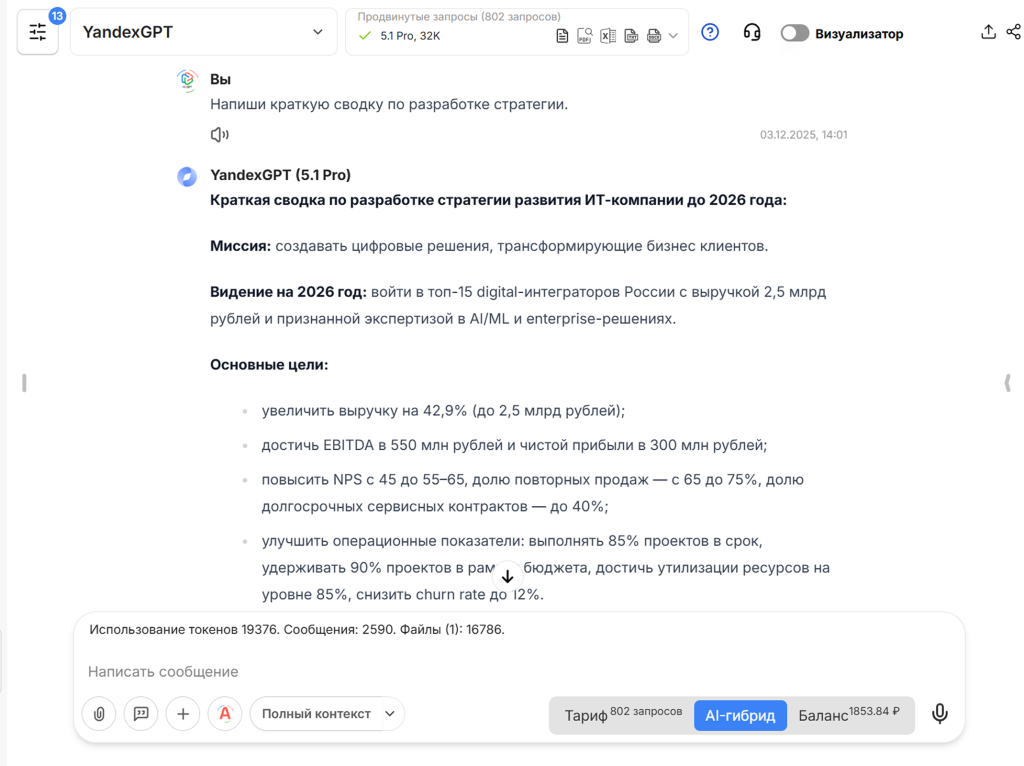 Пример создания развития стратегии компании на 2026 год с помощью YandexGPT https://gpt.vis.center/share/4ZRHit7LjvqdR6UP-6tSK 