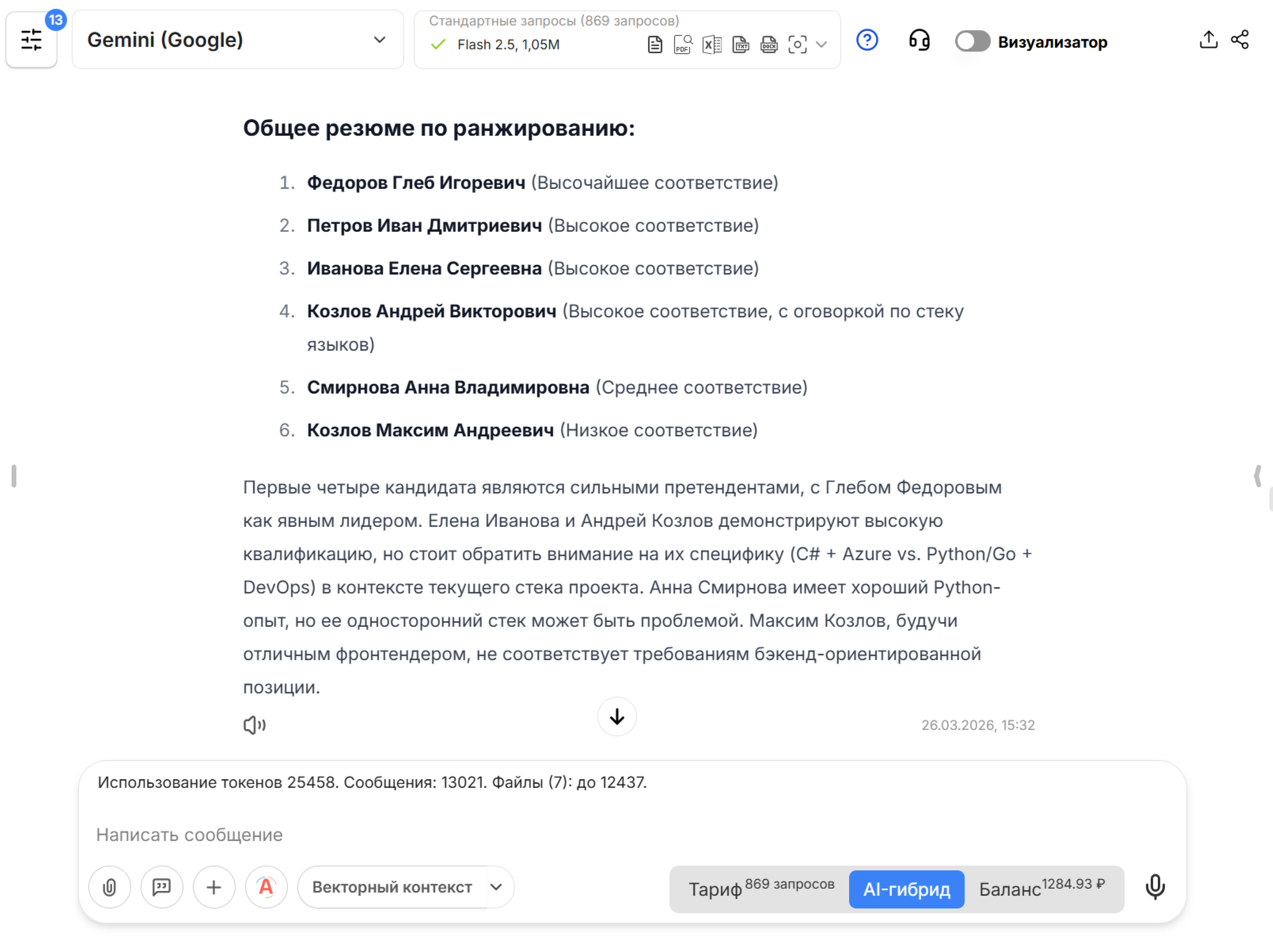 Пример работы HR-агента в сервисе VisGPT 